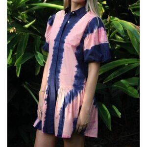 Wknd Frock It Mini Dress S Boldher Pink Blue Puff Sleeve Boho Beach Cotton